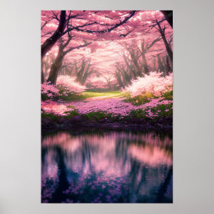 Cherry Blossom Dreamscape by the River Poster