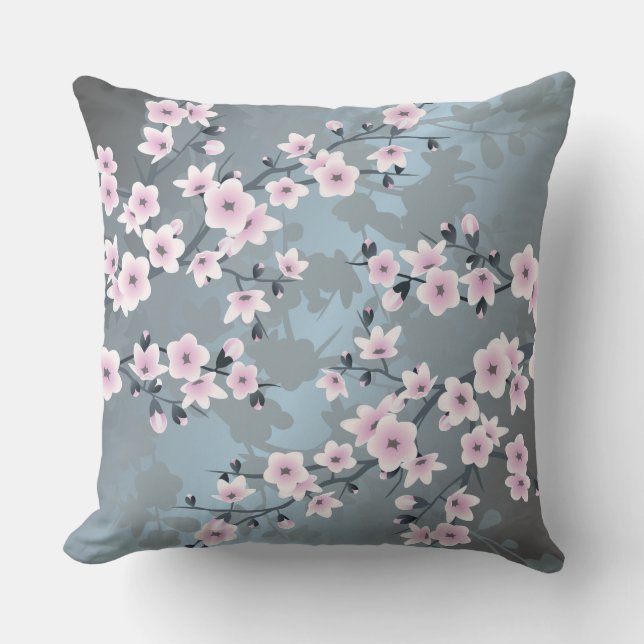 Cherry Blossom Dusky Pink Grayish Blue Floral Throw Pillow (Front)