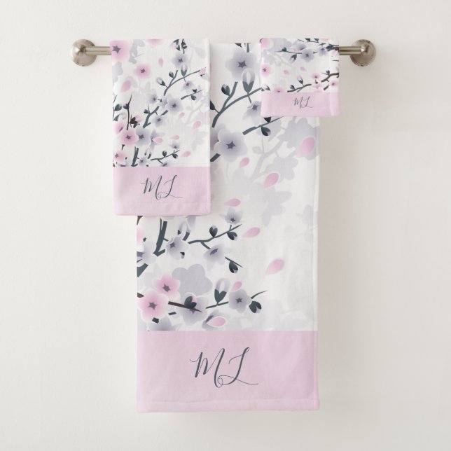 Cherry Blossom Dusky Pink Mauve Monogram Bath Towel Set (Insitu)