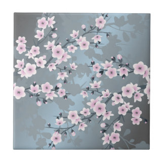 Cherry Blossom Dusky Pink Slate Blue Floral Tile