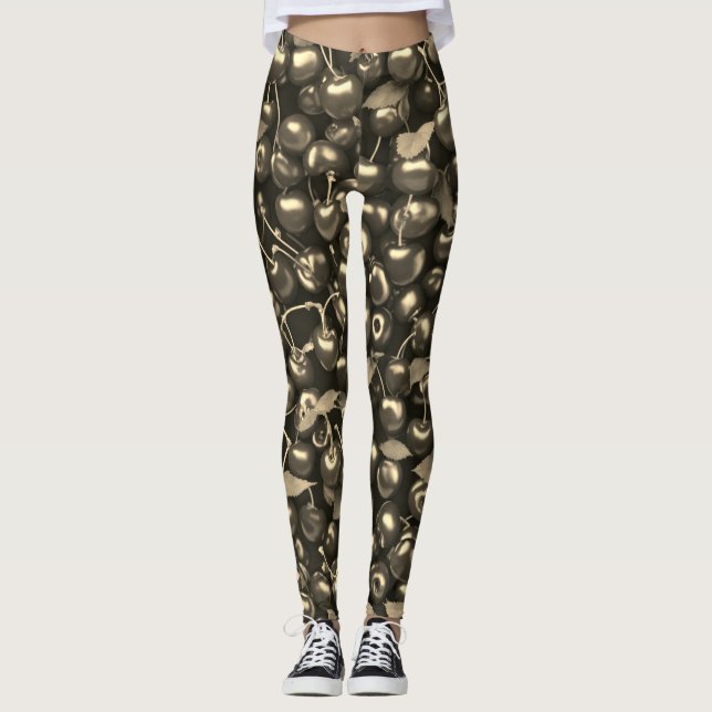 Cherry Blossom Elegance: Black Leggings  (Front)