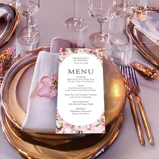 Cherry Blossom Elegant Pink Floral Wedding Menu (Spring Wedding Menu from the Cherry Blossom wedding collection by Darling & May)