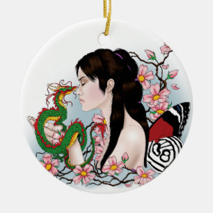 Cherry Blossom Fairy Dragon Friendship Ceramic Ornament