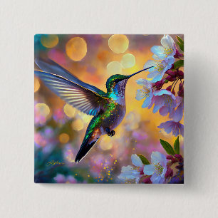 Cherry Blossom Fantasy Hummingbird 2 Inch Square Button