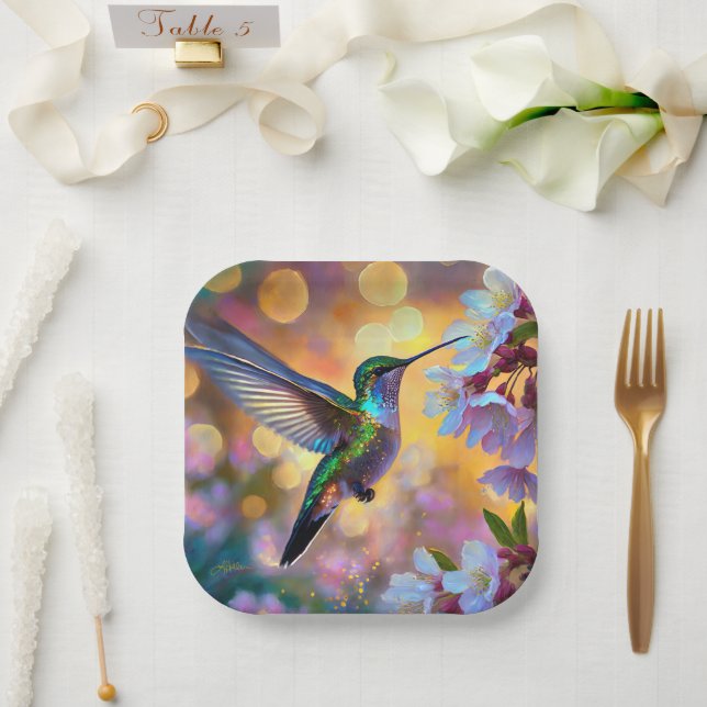 Cherry Blossom Fantasy Hummingbird Paper Plate (Wedding)