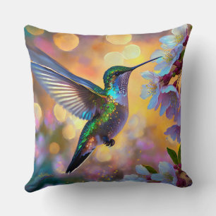 Cherry Blossom Fantasy Hummingbird Throw Pillow
