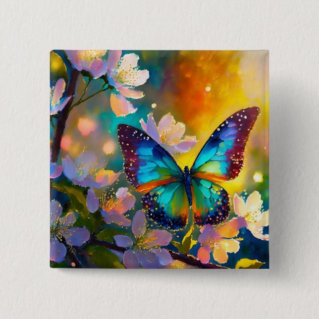 Cherry Blossom Fantasy Sunrise Butterfly 2 Inch Square Button (Front)