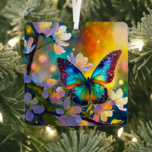 Cherry Blossom Fantasy Sunrise Butterfly Metal Ornament