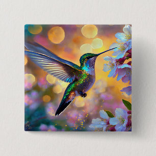 Cherry Blossom Fantasy Sunrise Hummingbird 2 Inch Square Button