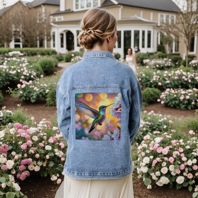 Cherry Blossom Fantasy Sunrise Hummingbird Denim Jacket (Wedding Back)