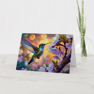 Cherry Blossom Fantasy Sunrise Hummingbird Foil Greeting Card