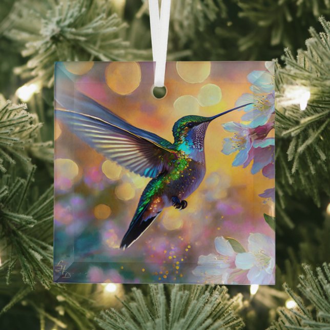 Cherry Blossom Fantasy Sunrise Hummingbird Glass Ornament (Insitu)