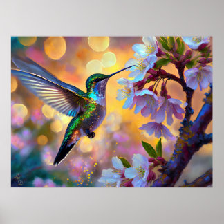 Cherry Blossom Fantasy Sunrise Hummingbird Poster