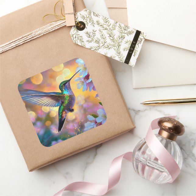 Cherry Blossom Fantasy Sunrise Hummingbird Square Sticker (Gifting)