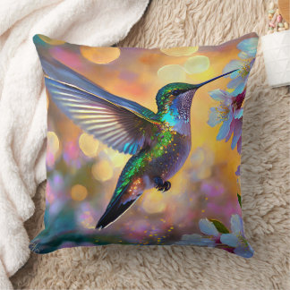 Cherry Blossom Fantasy Sunrise Hummingbird Throw Pillow