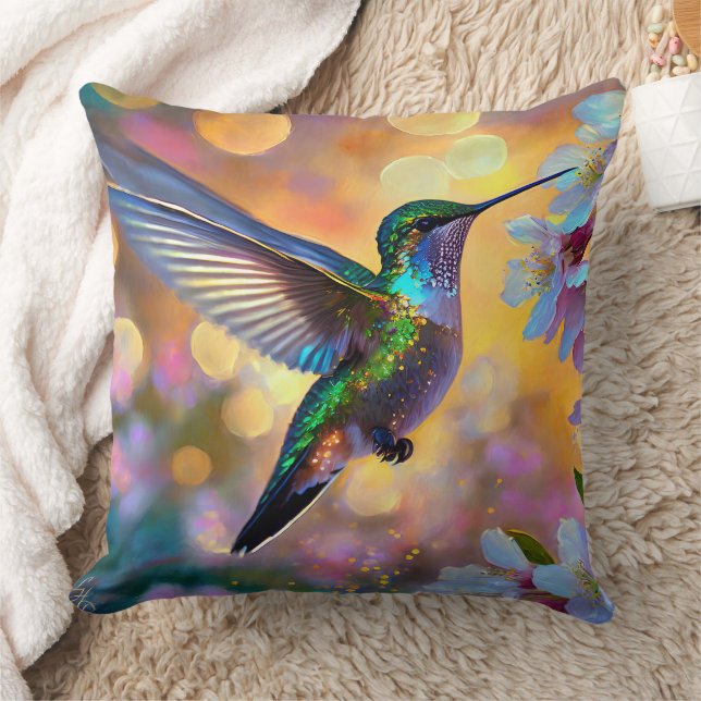 Cherry Blossom Fantasy Sunrise Hummingbird Throw Pillow (Blanket)