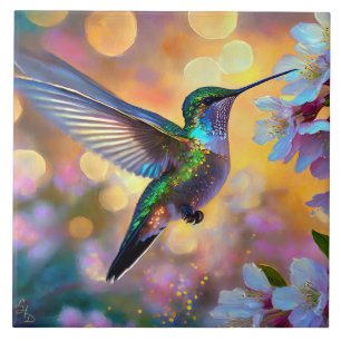 Cherry Blossom Fantasy Sunrise Hummingbird Tile