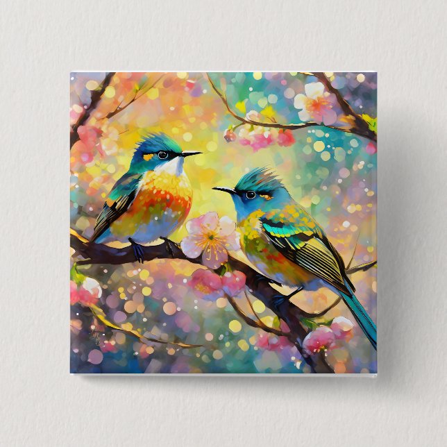 Cherry Blossom Fantasy Sunrise Songbirds 2 Inch Square Button (Front)