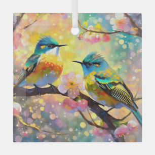 Cherry Blossom Fantasy Sunrise Songbirds Glass Ornament