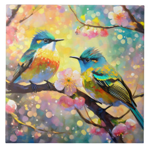 Cherry Blossom Fantasy Sunrise Songbirds Tile