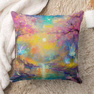 Cherry Blossom Fantasy Sunrise Stream Throw Pillow