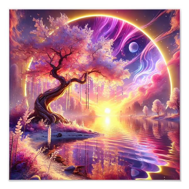 Cherry Blossom Fantasy: Tranquil Sunset Scene Photo Print (Front)