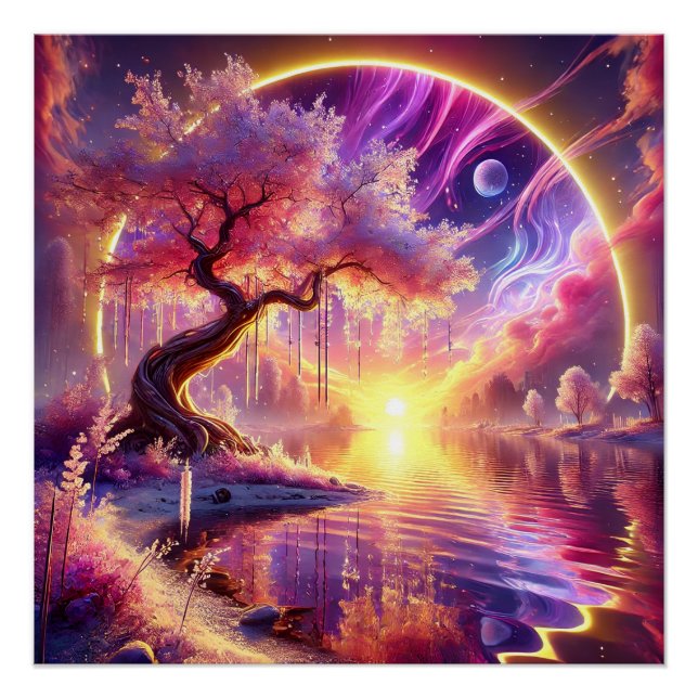 Cherry Blossom Fantasy: Tranquil Sunset Scene Poster (Front)