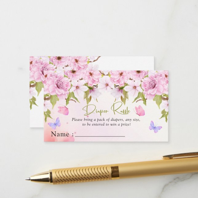  Cherry Blossom Floral Diaper Raffle Baby Shower Enclosure Card (Front/Back In Situ)