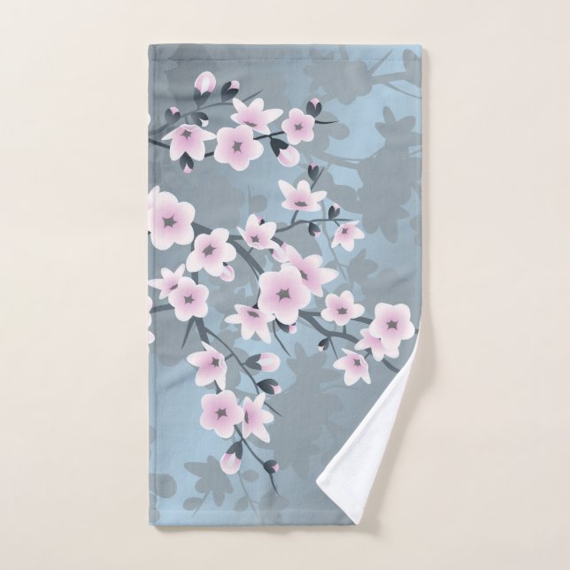 Cherry Blossom Floral Dusky Pink Dusty Blue  Hand Towel (Hand Towel)