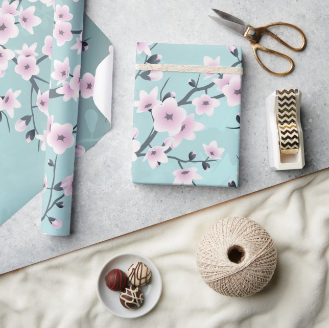 Cherry Blossom Floral Dusty Pink Aquamarine Wrapping Paper (Crafts)