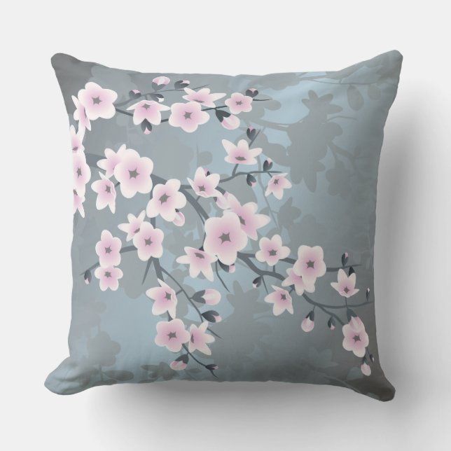 Cherry Blossom Floral Dusty Pink Blue Throw Pillow (Front)