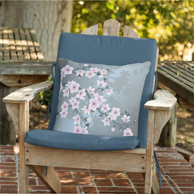 Cherry Blossom Floral Dusty Pink Blue Throw Pillow (Creator Uploaded)