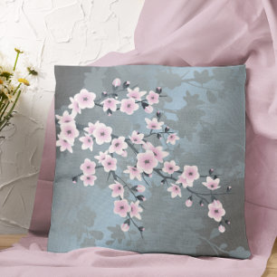 Cherry Blossom Floral Dusty Pink  Dusty Blue  Throw Pillow