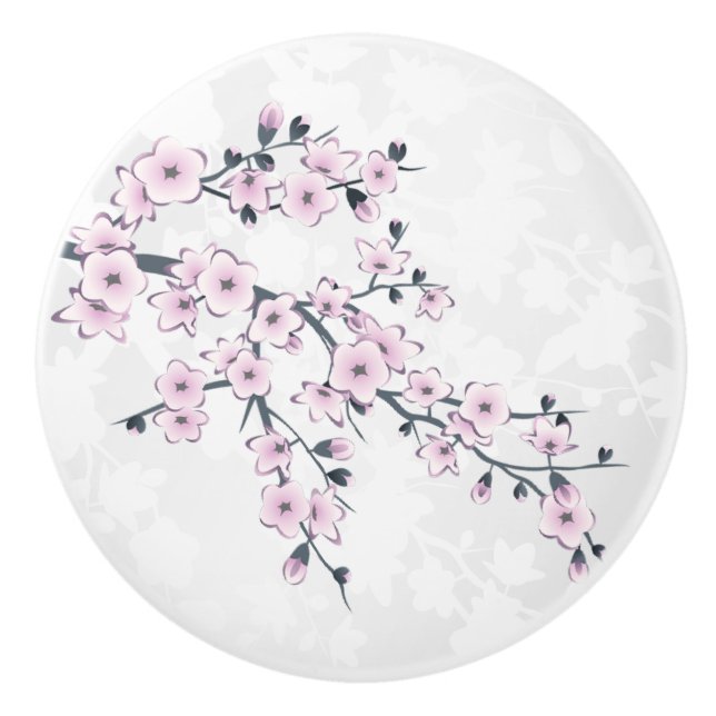 Cherry Blossom Floral Dusty Pink White Ceramic Knob (Front)