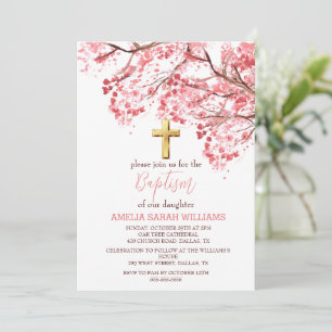 Cherry Blossom Floral Elegant Cross Girl Baptism  Invitation