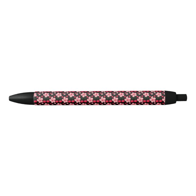 Cherry Blossom Floral Pattern, Pink Flowers  Black Ink Pen (Front)