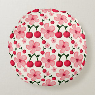 Cherry Blossom Floral Pattern, Pink Flowers Round Pillow