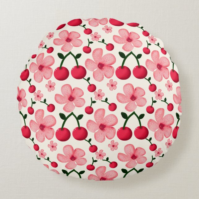 Cherry Blossom Floral Pattern, Pink Flowers  Round Pillow (Front)