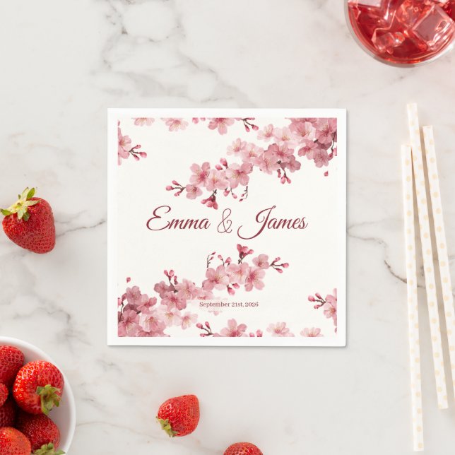 Cherry Blossom Floral Personalized Wedding Napkins (Insitu)