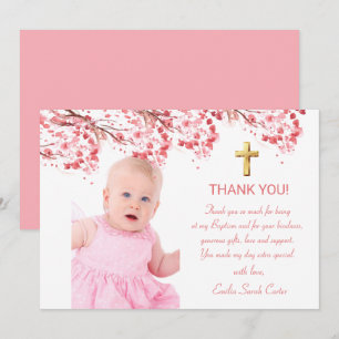 Cherry Blossom Floral Photo Cross Girl Baptism Thank You Card