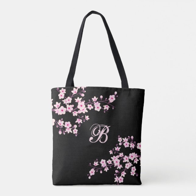Cherry Blossom | Floral Pink Black Custom Tote Bag (Back)
