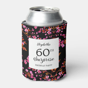 Cherry Blossom Floral Surprise Black Birthday Can Cooler