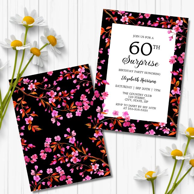 Cherry Blossom Floral Surprise Black Birthday  Invitation (Creator Uploaded)