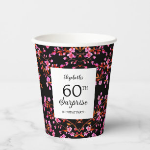 Cherry Blossom Floral Surprise Black Birthday Paper Cups