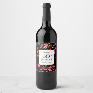 Cherry Blossom Floral Surprise Black Birthday Wine Label