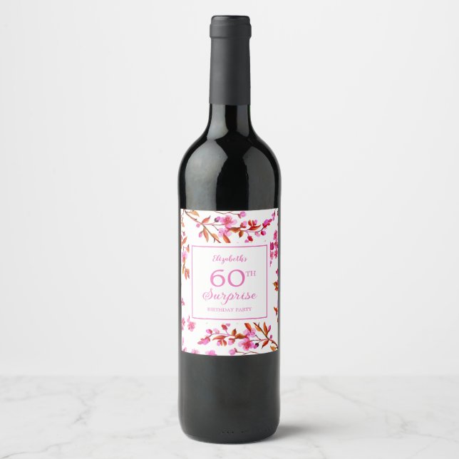 Cherry Blossom Floral Surprise Pink Birthday  Wine Label (Front)