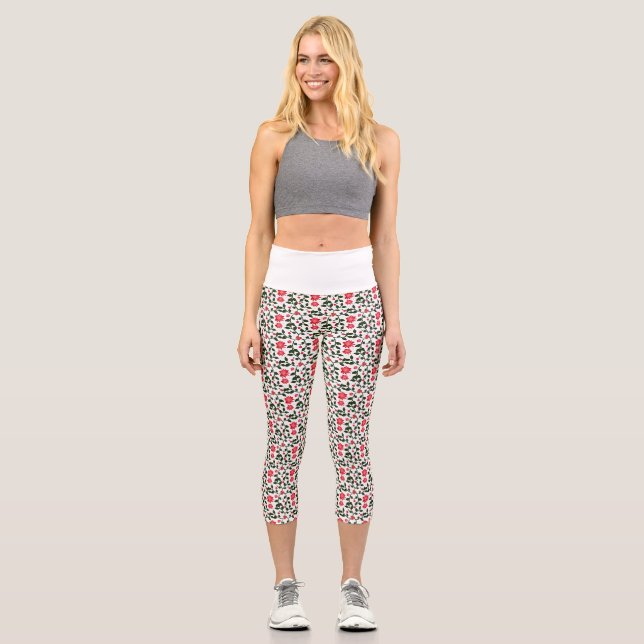 Cherry Blossom Floral Vine Pattern with Cherries Capri Leggings (Front)