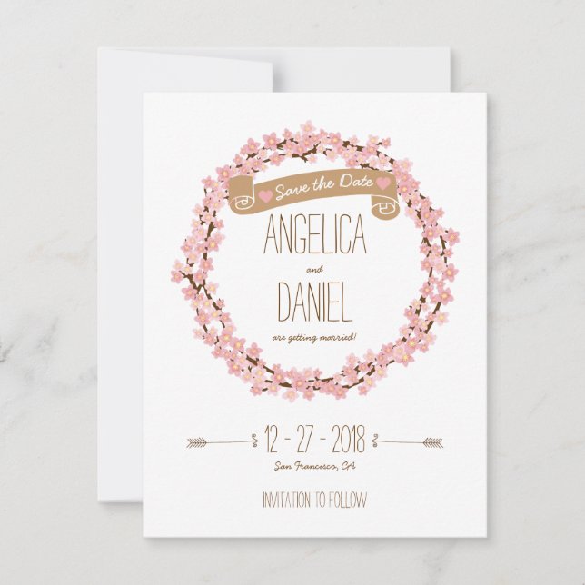 Cherry Blossom Floral Wreath Spring Save the Date (Front)