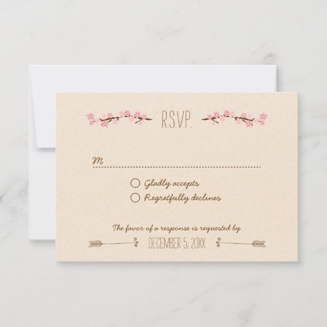 Cherry Blossom Flower Wreath Rustic Wedding RSVP Card (Front)