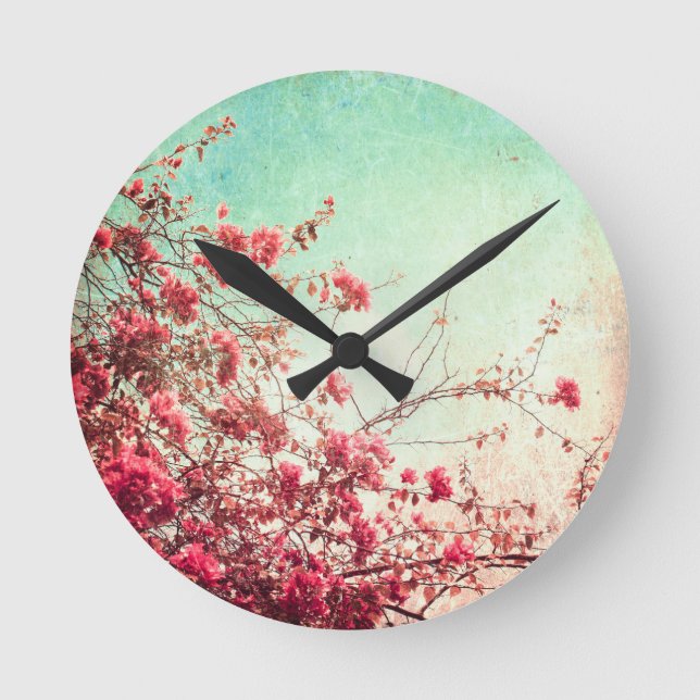 Cherry Blossom Flowers Floral Red Blue Wall Clock (Front)
